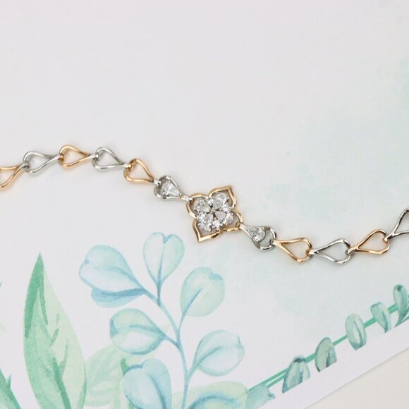 "Elegant Rose Gold & Silver Floral Bracelet with Heart Link Design, XPBL0844 - Picture 3 of 12